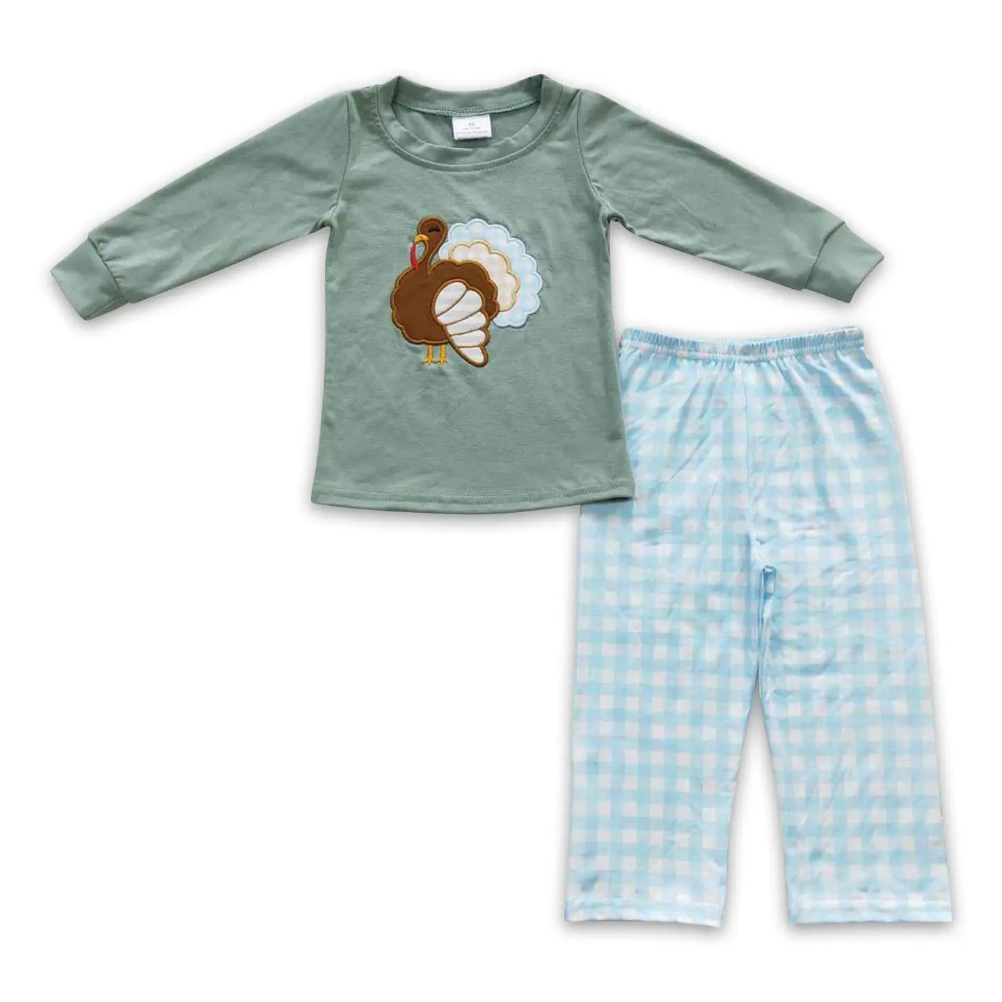 Boy's Thanksgiving Blue Plaid Turkey Outfit 2-3 week tat