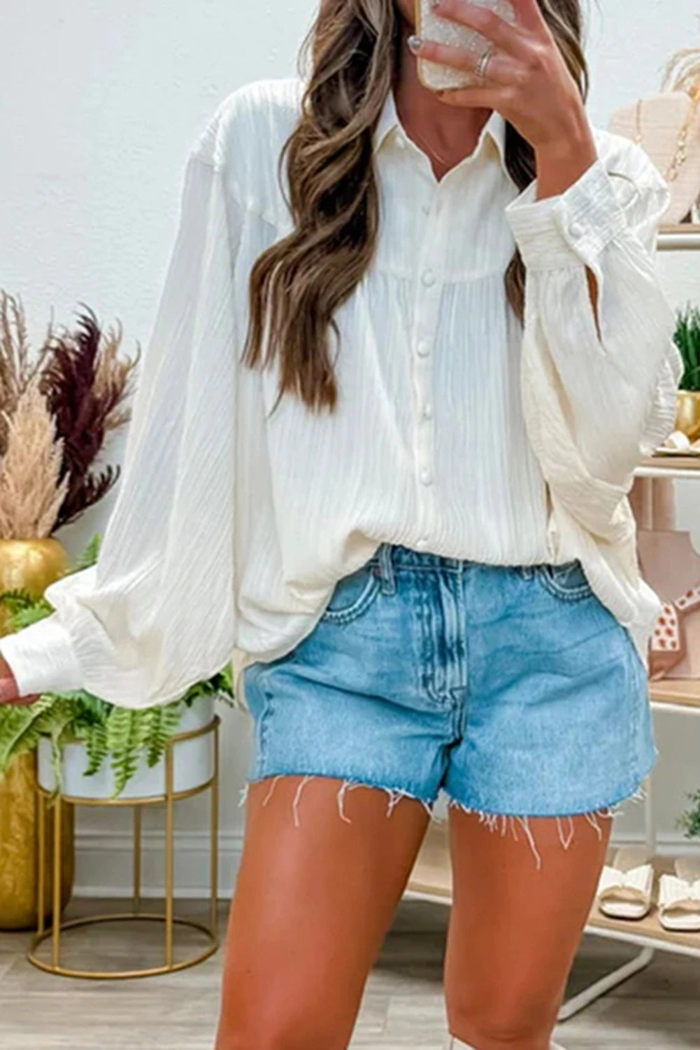Women's White Long Sleeve Button Up Shirt 3-4 week tat